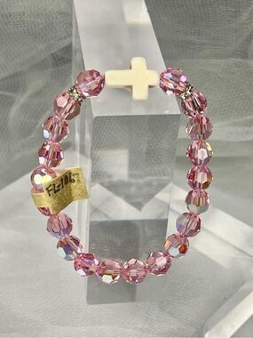 Artisan Swarovski Crystal Rose AB and Crystal Rondells with Stone Cross (FL1067)